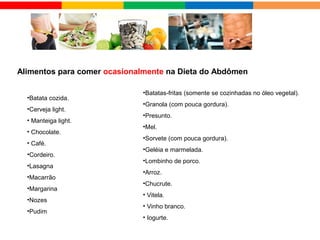 •Batata cozida.
•Cerveja light.
• Manteiga light.
• Chocolate.
• Café.
•Cordeiro.
•Lasagna
•Macarrão
•Margarina
•Nozes
•Pudim
Alimentos para comer ocasionalmente na Dieta do Abdômen
•Batatas-fritas (somente se cozinhadas no óleo vegetal).
•Granola (com pouca gordura).
•Presunto.
•Mel.
•Sorvete (com pouca gordura).
•Geléia e marmelada.
•Lombinho de porco.
•Arroz.
•Chucrute.
• Vitela.
• Vinho branco.
• Iogurte.
 