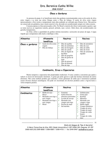Dra. Berenice Cunha Wilke
                                              CRM 43267

                                           Óleos e Gorduras

         As pessoas do grupo A se beneficiam muito das gorduras monoinsaturadas como as do azeite de oliva
extra virgem e as ricas nas séries Omega como o Óleo de linhaça. O azeite de oliva extra virgem
(processamento a frio) resiste a temperaturas mais altas podendo ser utilizado para frituras leves. Não precisa
ser conservado em geladeira, mas é muito sensível a luz, devendo ser acondicionado sempre em vidros escuros.
         Consuma apenas os óleos processados a frio. No Brasil a maioria dos óleos é processada a quente o que
os torna nocivos ao organismo (canola, girassol, prímula, soja e arroz). Além disso, são acondicionados em
garrafas transparentes.
         Ao fritar, utilize a quantidade de gordura mínima necessária e acrescente um pouco de água. A água
impede que a temperatura suba muito e danifique o óleo.

Alimentos                        Altamente                     Neutros                     Nocivos
                                 benéficos
Óleos e gorduras               Azeite de oliva extra      Óleo de açafrão            Óleo de amendoim
                                virgem                     Óleo de amêndoas           Óleo de coco
                               Óleo de linhaça            Óleo de borragem           Óleo de milho
                                                           Óleo de canola             Óleo de rícino
                                                           Óleo de fígado de          Óleo de semente de
                                                            bacalhau                    algodão
                                                           Óleo de gergelim
                                                           Óleo de germe de
                                                            trigo
                                                           Óleo de girassol
                                                           Óleo de prímula
                                                           Óleo de soja

                                Condimento, Ervas e Especiarias

         Muitos temperos e especiarias têm propriedades medicinais. O curry contém a curcumina que ajuda a
reduzir os níveis de intoxicações intestinais. A goma gar pode agravar a ação das lectinas intestinais de outros
alimentos. Não coma nenhum produto que contenha o mono glutamato de sódio que é neurotóxico podendo
causar diversas doenças neurológicas. Ele pode ser encontrado em diversos produtos como o Agi-no-moto e
vários temperos prontos.

Alimentos                        Altamente                     Neutros                     Nocivos
                                 benéficos
Condimentos                    Molho de soja -            Fermento                   Gelatina pura
                                Shoyo                      Geléia feita dos           Goma guar
                               Mostarda com trigo e        alimentos permitidos       Ketchup
                                sem vinagre                Levedo de cerveja          Maionese
                               Mostarda sem trigo e       Mostarda com               Mostarda com
                                sem vinagre                 vinagre sem trigo           vinagre e trigo
                               Missô                      Pectina de maçã            Molho inglês
                                                           Sal marinho                Vinagre balsâmico
                                                                                       Vinagre de arroz
                                                                                       Vinagre de maçã
                                                                                       Vinagre de vinho
                                                                                        branco
                                                                                       Vinagre de vinho
                                                                                        tinto

                                                                                                             18
                                                                Dieta do Sangue de Tipo A Secretor
         R. Maria Tereza Dias da Silva, 400. Cidade Universitária I; CEP 13084-190; Campinas. SP. CEP
      13083-820 (19) 3289-8082 / 3289-8087 / 3289-4731 / fax 3249-0497 bwilke@terra.com.br
 