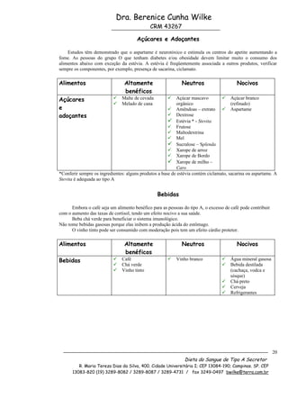 Dra. Berenice Cunha Wilke
                                             CRM 43267

                                       Açúcares e Adoçantes

    Estudos têm demonstrado que o aspartame é neurotóxico e estimula os centros do apetite aumentando a
fome. As pessoas do grupo O que tenham diabetes e/ou obesidade devem limitar muito o consumo dos
alimentos abaixo com exceção da estévia. A estévia é freqüentemente associada a outros produtos, verificar
sempre os componentes, por exemplo, presença de sacarina, ciclamato.

Alimentos                        Altamente                   Neutros                     Nocivos
                                 benéficos
Açúcares                      Malte de cevada            Açúcar mascavo          Açúcar branco
                              Melado de cana              orgânico                    (refinado)
e                                                       Amêndoas – extrato  Aspartame
adoçantes                                               Dextrose
                                                        Estévia * - Stevita
                                                        Frutose
                                                        Maltodextrina
                                                        Mel
                                                        Sucralose – Splenda
                                                        Xarope de arroz
                                                        Xarope de Bordo
                                                        Xarope de milho –
                                                           Caro
*Conferir sempre os ingredientes: alguns produtos a base de estévia contém ciclamato, sacarina ou aspartame. A
Stevita é adequada ao tipo A


                                                 Bebidas

      Embora o café seja um alimento benéfico para as pessoas do tipo A, o excesso de café pode contribuir
com o aumento das taxas de cortisol, tendo um efeito nocivo a sua saúde.
      Beba chá verde para beneficiar o sistema imunológico.
Não tome bebidas gasosas porque elas inibem a produção ácida do estômago.
      O vinho tinto pode ser consumido com moderação pois tem um efeito cárdio protetor.

Alimentos                        Altamente                   Neutros                     Nocivos
                                 benéficos
Bebidas                       Café                       Vinho branco              Água mineral gasosa
                              Chá verde                                             Bebida destilada
                              Vinho tinto                                            (cachaça, vodca e
                                                                                      uísque)
                                                                                     Chá preto
                                                                                     Cerveja
                                                                                     Refrigerantes




                                                                                                             20
                                                               Dieta do Sangue de Tipo A Secretor
         R. Maria Tereza Dias da Silva, 400. Cidade Universitária I; CEP 13084-190; Campinas. SP. CEP
      13083-820 (19) 3289-8082 / 3289-8087 / 3289-4731 / fax 3249-0497 bwilke@terra.com.br
 