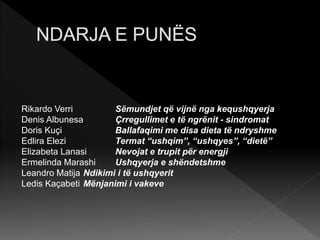 Rikardo Verri Sëmundjet që vijnë nga kequshqyerja
Denis Albunesa Çrregullimet e të ngrënit - sindromat
Doris Kuçi Ballafaqimi me disa dieta të ndryshme
Edlira Elezi Termat “ushqim”, “ushqyes”, “dietë”
Elizabeta Lanasi Nevojat e trupit për energji
Ermelinda Marashi Ushqyerja e shëndetshme
Leandro Matija Ndikimi i të ushqyerit
Ledis Kaçabeti Mënjanimi i vakeve
 