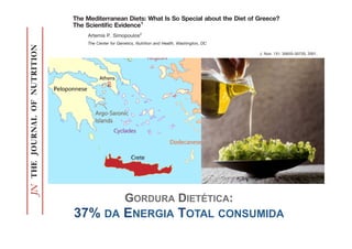 misnomer. The countries around the Mediterranean basin have differe
           differ in the amount of total fat, olive oil, type of meat andamount of total fat, olivemilk vs. cheese;intake;
                                                                                                         differ in the wine intake; oil, type of meat and wine frui
                                                                                                         the rates of coronary heart disease and cancer, with the lower death ra
           the rates of coronary heart disease and cancer, with the lower death rates andof Greece (the diet e
                                                                                                         Greece. Extensive studies on the traditional diet longer life be
       The Greece. Extensive studies on So Special about the ofGreece (the high intake of fruits, vegetables (particularly wildt
           Mediterranean Diets: What Is the traditional diet ofDiet of Greece? before 1960) indicate        Greeks consists of a
                                                                                                                                   diet
                                              1                                                          of sourdough bread rather than pasta; more olive oil and olives; less m
       The Scientiﬁc Evidence
           of Greeks consists of a high intake of fruits, vegetables (particularly wild plants), nuts and cer
                                                                                                         and moderate amounts of wine, more so than other Mediterranean coun
                                                                                                         diet of Crete shows a number of protective substances, such as s
           of sourdough bread rather than pasta; more olive oil and olives; less(EFA), high amounts of ﬁber, antioxid
            Artemis P. Simopoulos2                                                                       (n-6):(n-3) essential fatty acids milk but more cheese
                                                                                                         polyphenols from olive oil), vitamins E and C, some of which have been
           and Center for Genetics, Nutrition and Health, Washington, DCthan othercancer, including cancer ofcountries. Analyses of th
            The moderate amounts of wine, more so                                                          Mediterranean the breast. These ﬁndings should serve
                                                                                                         intervention trials that will test the effect of speciﬁc dietary patterns in t
           diet of Crete shows a diet,” implying that all Mediterranean people with cancer. J. diet, is131:as selenium, glutathione
            ABSTRACT The term “Mediterranean
                                                           number of protective substances, sucha 3065S–3073S, 2001.
                                                                                                          have the same
                                                                                                                             Nutr.
           (n-6):(n-3) countries around the Mediterranean basin have different diets, religions andWORDS: Their antioxidants (especially resv
            misnomer. The essential fatty acids (EFA), high amounts of ﬁber, diets
                                                                                                         KEY
                                                                                                                 cultures.
                                                                                                                              diet of Crete      (n-3) fatty acids
                                                                                                                                                    c                 wild plants
                                                                                                                                                                         c            a                                                  c            c
            differ in the amount of total fat, olive oil, type of meat and wine intake; milk vs. cheese; fruits and vegetables; and
           polyphenols from olive oil), vitamins E and C, some of which have been shown to be assoc
            the rates of coronary heart disease and cancer, with the lower death rates and longer life expectancy occurring in
                                                                                                   The health of thedietary pattern the population in general
                                                                                                                       individual and                                      intake and
           cancer, including the traditionalvegetables (particularly wild These indicate that the should serve as aa strong incenti
            of Greeks consists of a high intake of fruits, of the breast. plants),is theﬁndings
            Greece. Extensive studies on
                                             cancer diet of Greece (the diet before 1960) and cereals mostly in the form genetics and number of diet” is a m
                                                                                                 nuts result of interactions between
           intervention trials that will testoil and olives; less of speciﬁcofdietarypattern of the an in the prevention but in facb
            of sourdough bread rather than pasta; more olive the effect milk but environmentalmore ﬁsh; less meat;
                                                                                                more cheese; factors. Nutrition is
                                                                                               major importance (1– patterns
                                                                                                                                           environmental factor of
            and moderate amounts of wine, more so than other Mediterranean countries. Analyses the dietary 4). Our genetic proﬁle has not changed
                                                                                                                                                                            and m
                                                                                                                                                                           surprising




                                                                                                                                                                             Downloaded from jn.nutrition.org by on September 27, 2006
           withofcancer. a number of protective substances, such as selenium, glutathione, a balanced ratio energy expenditure and phys- and diets.
            diet      Crete shows     J. Nutr. 131: 3065S–3073S, 2001. our food supply and in  over the past 10,000 y, whereasofmajor changes have taken
                                                                                               place in
                                                                                                                                                                           sin have d
                  (n-6):(n-3) essential fatty acids (EFA), high amounts of ﬁber, antioxidants (especially resveratrol from wine and
                                                                                                       ical activity (5–17). Today industrialized societies are charac-
                  polyphenols from olive oil), vitamins E and C, some of which have been shown to be associated with lower risk of                                                                                                             Muslims d
                  cancer, including cancer of the breast. These ﬁndings should serve as a strong incentivefollowing: 1) an increase in energy intake and
                                                                                                       terized by the for the initiation of                                                                                                    drinks, wh
                KEY WORDS:                                diet of Crete                         (n-3) fatty acids                        wild plants
                  intervention trials that will test the effect of speciﬁc dietary patterns in the prevention and management of patientsan c
                                                 c                             c                       decrease in energy expenditure; 2)
                                                                                                                    c                         increase in saturated fat,     antioxidants                                                        canc
                                                                                                                                                                                                                                             c eat meat o
                  with cancer. J. Nutr. 131: 3065S–3073S, 2001.                                        (n-6) fatty acids and trans fatty acids and a decrease in (n-3)                                                                         on. Althou
                                                                                                                    fatty acid intake; 3) a decrease in complex carbohydrates and                                                              usually con
                  KEY WORDS:               diet of Crete        (n-3) fatty acids          wild plants       antioxidants c cancer c (n-6) fattyin cereal grains and a decrease in
                                                                                                                     ﬁber intake; 4) an increase acids                                                                                         (14.0 –18.0
    The health of the individual and the population infruit andand calcium intakeand 5) a decreasehealth anti-
                                                                                             general intake; (5–17). Furthermore, the ratio of
                                                                                                                    intake and in protein, status. Ther
                                       c                    c                         c                  c
                                                                                                      vegetable                                                                                                                                Crete have
                                                                                           oxidant
is the the result of of the individual and the betweengeneral intakeisand a numberisof fattythe term 16.74:1, whereas during evolutionThere is n
      is
         result of interactions population number of diet” a misnomer. There(n-3) just acidsMediterranean diet
          The health
                      interactions between genetics and a
                                                           in genetics and health (n-6) to status. Therefore,
                                                                                                        not
                                                                                                                    diet” is a misnomer.
                                                                                                                     is “Mediterranean
                                                                                                                oneFig. 1).
                                                                                                                                                                                                                                               1930 (19).
                                                                                                                                                                                                                                               as low a de
                                        Nutrition not changed but in fact manyit Mediterranean 1, butwhich not
      environmental factors. Nutrition is an
      major importance (1– 4). Our            proﬁle has
                                                                                              was 2–1:1 (Table
environmental factors.genetic environmental an environmental factor of diets (18), the in isfact many Mediterran
                                                         is factor of                          Recent investigations of      dietary patterns and health                                                                                       United Na
                                                                                                                                                                                                                                               was 11.3–1
                                                                        surprising becausestatus of the countries surrounding the ba-
                                                                                            the countries along the Mediterranean Mediterranean basin
major importancey,(1– 4). Our genetic proﬁle hasdifferentchanged majorandsurprisingthem in both dietary countrie
      over the past 10,000       whereas major changes have taken       sin have not clearly indicate
                                                                                            religions, economic differences among because the
                                                                                                                     cultural traditions                                                                                                       ;10.6 in 1
      place in our food supply and in energy expenditure and phys-
over ical activity (5–17). Today industrialized societies are charac- changes have pork or drink wine and other alcoholic
        the past 10,000 y, whereas major Muslims do not eat taken       and diets. Diets are inﬂuenced by religious habits, that is,
                                                                                                                    sin have different religions, ec
                                                                                                                                                                                                                                               almost thr
                                                                                                                                                                                                                                               United Sta
placedecrease in energy expenditure; 2) an increase inenergy expenditureWednesdays and Fridays but andwine, and so Diets are inﬂuence
         in our food supply and in saturated fat, eat meat on
      terized by the following: 1) an increase in energy intake and     drinks, whereasand phys- populations usually do not
                                                                                         Greek Orthodox
                                                                                                                    drink diets.
                                                                                                                        1
                                                                                                                          Presented as part of the 11th Annual Research Conference on Diet, Nutrition
                                                                                                                    and Cancer held in Washington, DC, July 16 –17, 2001. This conference was
                                                                                                                                                                                                                                               the traditio
                                                                                                                                                                                                                                               tries Study
ical activity (5–17). Today industrialized on. Although Greece and the
      (n-6) fatty acids and trans fatty acids and a decrease in (n-3) societies are charac- Mediterranean countries are
      fatty acid intake; 3) a decrease in complex carbohydrates and                                                 Muslims do not eat pork or d
                                                                                                                    sponsored by the American Institute for Cancer Research and was supported by
                                                                                                                    the California Dried Plum Board, The Campbell Soup Company, General Mills,                                                 vascular di
                                                                        usually considered to be areas of medium-high death rates                                                                                                              (United St
terized by thean increase in cereal1) an increase in (14.0 –18.0 per 1000 inhabitants), death rates on the island of
      ﬁber intake; 4) following: grains and a decrease in                energy intake and                          Lipton, Mead Johnson Nutritionals, Roche Vitamins Inc. and Vitasoy USA. Guest
                                                                                                                    drinks, whereas Greek Orthod
                                                                                                                    editors for this symposium publication were Ritva R. Butrum and Helen A.                                                   goslavia, Ja
      fruit and vegetable intake; and 5) a decrease in protein, anti-                                               Norman, American Institute for Cancer Research, Washington, DC.
decrease in energy expenditure; 2)the ratio of 1930 (19). No other area in the Mediterranean basin has had Wednesdays and
      oxidant and calcium intake (5–17). Furthermore, an increase
                                                                        Cretein saturated fat, continuously since before
                                                                               have been below this level
                                                                                                                    eat meat on
                                                                                                                        2
                                                                                                                          To whom correspondence should be addressed.
                                                                                                                    E-mail: cgnh@bellatlantic.net
                                                                                                                                                                                                                                               order of 5-
                                                                                                                                                                                                                                               the ﬁeld w
(n-6) fatty acidsacids is 16.74:1, whereas during evolution aasdecrease inCrete, according to data compiled by the
      (n-6) to (n-3) fatty
                             and1).  trans fatty acids and low a death rate as (n-3)
fatty status of intake; 3)ofathe dietary MediterraneanhealthDIETÉTICA:and © beforeusually IIforand
                                      G the patterns and basin United Nationsperin0022-3166/01 $3.00 2001yearbook for 1948. Nutritional Sciences. and th
                                                                                                                    on. Although Greece
       acid the countries surroundingORDURA
      it was 2–1:1 (Table 1, Fig.
                                                                                              their demographic                       It
          Recent investigations        decrease in complex was 11.3–13.7 1000 inhabitants American Society considered to be area
                                                                         carbohydrates                               World War

        37%                                  E                                            T
ﬁber clearly indicate major differences among in cereal grains;10.6 ina decrease Cancer and heart disease in the per 1000 inhabitan
       intake; 4) an increase them in both dietary almost three times as(19). indeaths proportionally caused
                          DA NERGIA OTALas CONSUMIDA                      and 1946 –1948 many
fruit and vegetable intake; and 5) a decrease in protein,Greece before 1960.Crete have been below this l
                                                                        United States             anti-
                                                                                                                    (14.0 –18.0
                                                                                          in Crete (19). The diet of Crete represents
                                                                        the traditional diet of                      The Seven Coun-
                                                                                                                                                         3065S



oxidant and calcium intake (5–17). Furthermore, was theratio establish credible data on cardio-
                                                                        tries Study the ﬁrst to of
           1
             Presented as part of the 11th Annual Research Conference on Diet, Nutrition
       and Cancer held in Washington, DC, July 16 –17, 2001. This conference was
       sponsored by the American Institute for Cancer Research and was supported by                                 1930 (19). No other area in th
(n-6) to (n-3) fatty acids is 16.74:1, whereas during evolution in contrasting populations
                                                                        vascular disease prevalence rates
       the California Dried Plum Board, The Campbell Soup Company, General Mills,

                                                                        goslavia, Japan and Greece), with differences low a death rate as Crete, acc
                                                                                                                    as found on the
                                                                        (United States, Finland, The Netherlands, Italy, former Yu-
       Lipton, Mead Johnson Nutritionals, Roche Vitamins Inc. and Vitasoy USA. Guest

it was 2–1:1 (Table 1, Fig. 1).
       editors for this symposium publication were Ritva R. Butrum and Helen A.

                                                                                                                    United Nations in their demo
       Norman, American Institute for Cancer Research, Washington, DC.
           2
             To whom correspondence should be addressed.                order of 5- to 10-fold in coronary heart disease (20). In 1958,
 