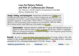 dification Trial (CVD) prevention, butand some trials have linked diet needed.
       Context Multiple epidemiologic studies
 cation Trial disease
       diovascular                            long-term intervention data are
                                                                              with car-


    Linda     Objective To test the hypothesis that a dietary intervention, intended to be low in
                         Context Multiple epidemiologic some trials some trials have linked diet with risk.
               Context Multiple epidemiologic studies andstudies andhave linked diet with reduce CVD car-
Hsia, MD; fat and high in vegetables, fruits, and grains to reduce cancer, wouldcar-
  .
 D;
               diovascular disease (CVD) prevention, but long-term intervention data are needed. are needed.
                         diovascular disease (CVD) prevention, but long-term intervention data
L. ; L. Design, Setting, and Participants Randomized controlled trial of 48 835 post-
  arcia
  D                      Objective To test the that a dietary intervention, intended to be low in
               Objective To test the hypothesishypothesis that a dietary intervention, intended to be low in
              menopausal women aged 50 tograins to reduce cancer, would reduce CVD risk.
                                                         79 years, of diverse backgrounds and ethnicities, who
               fat and highand high in vegetables, fruits, and grains to reduce cancer, would reduce CVD risk.
 s; H.                   fat in vegetables, fruits, and
     Lewis H. participated in the Women’s Health Initiative Dietary Modification Trial. Women were
  Croix, PhDDesign,Design, Setting, and Participants 541 [40%]) or of 48 835trial of 48 835 post-
  PhD;         ;           Setting, and Participants Randomized controlled trial
                                              an intervention (19 Randomized controlled
                                                                                                        post-
              randomly assigned to 50 to 79 years, of diverse backgrounds and ethnicities, whogroup (29 294
                                                                                             comparison
  L.           menopausal women aged
 orman L. [60%]) menopausal women agedStudy79 years, of diverse backgrounds and ethnicities, who
                          in in the Women’s Health 50 to Dietary Modification Trial. Women 1993 and 1998 in
  ; , MD;      participateda free-living setting.InitiativeenrollmentDietary Modification were Women were
                         participated in the Women’s Health Initiative
                                                                                occurred between
                                                                                                        Trial.
  s           40 US clinical centers;intervention (19 541 in this 541 [40%]) orgroup (29 294 group (29 294
               randomly assigned to an mean follow-up [40%]) analysis was 8.1 years.
                                                                             or comparison
    L.
    Karen L. [60%]) in a free-living setting.to an intervention (19 between 1993 and 1998 in
                         randomly assigned
                                                  Study enrollment occurred
                                                                                               comparison
MD;
D; , MD; InterventioninIntensive behavior Study enrollment group and individual sessions de-
  ysiw
  .            40 US clinical centers; mean follow-up in this analysis wasin occurred between 1993 and 1998 in
                         [60%]) a free-living setting. modification 8.1 years.
  inda M. signed to reduce total fat intake tofollow-up calories and increase intakes of vegetables/
PhD;
                         40 US clinical centers; mean 20% of in this analysis was 8.1 years.
               Intervention Intensive behavior modification in group and individual sessions de-
Perri, PhD;fruits toInterventionand grains behavior modification inintakescomparison group received
               signed to5 servings/d intake to 20% of calories and increase group of vegetables/ sessions de-
                            reduce total fat Intensive to at least 6 servings/d. The and individual
  D; L.
  oss         diet-related educationgrains to at intake servings/d. The comparison group received of vegetables/
               fruits to 5 servings/d and materials.
                         signed to reduce total fat least 6 to 20% of calories and increase intakes
 bins, G. ; Main Outcome Measures grains to at least 6 servings/d. The comparison group received
                         fruits to 5 servings/d and
 nda MD diet-related education materials.
   E.                                                   Fatal and nonfatal coronary heart disease (CHD), fatal
                         diet-related education materials.


                                                                 RISCO
                                                                 0%
                                                                 5%
                                                                 10%
                                                                 15%
                                                                 20%
                                                                 25%
                                                                 DAC
                                                                 Total
                                                                 DCV
                                                                 RELATIVO
   GloriaG. and nonfatal stroke, and CVD and nonfatal coronary heart disease (CHD), fatal
   Linda E. Main Outcome Measures Fatal (composite of CHD and stroke).
  PhD;
ns, MD; ;Linda G.nonfatal stroke, and CVD (compositeFatal and nonfatal coronary heart disease (CHD), fatal
 z, PhD        and       Main Outcome Measures of CHD and stroke).
              Results By year 6, mean fat intakeintake decreased byenergy intake in the inter- in the inter-
               Resultsand nonfatal stroke, and CVD (composite of CHD and stroke). intake
    Stevens, PhD;             By year 6, mean fat decreased by 8.2% of 8.2% of energy
 PH; ;        ventionvs the comparison group, with small decreases in saturated (2.9%), monoun-
  DrPH
  aurizio      vention Results By year 6, mean fatwith small decreases in saturated (2.9%), monoun-
                          vs the comparison group,
                                                              intake decreased by 8.2% of energy intake in the inter-
se R. ,
ouise R. DrPH;
  tolins      saturated (3.3%),the comparison group, withincreases occurred :in-intakes of veg-intakes of veg-
               saturated (3.3%), and polyunsaturated (1.5%) (1.5%) fat; increases occurred in
                                        and polyunsaturated fat; small decreases in saturated (2.9%), monoun-
                                                                                  TRANS 22%
  D;                     vention vs
 ; Annlouiseetables/fruits (1.1(3.3%), and grains grains (0.5 serving/d). Low-density lipoprotein cholesterol
               etables/fruits (1.1 servings/d)
                R.                                       (0.5 serving/d). Low-density lipoprotein cholesterol
                         saturated servings/d) polyunsaturated (1.5%) fat; increases occurred in intakes of veg-
                                               and and
 y R. MD; levels,diastolic blood pressure, and factor VIIc levels were+11% Low-density lipoprotein cholesterol
enry R.
  ord,;        levels, diastolic blood pressure, and factor VIIc levels were significantly reduced16%
                HORTALIÇAS/FRUTA: +30%                          CEREAIS: significantly reduced by FIBRA: +
                         etables/fruits and 4.29%, respectively; levels of high-density lipoprotein cho-
                                         (1.1 servings/d) and grains (0.5 serving/d).
                                                                                                         3.55  by 3.55
 PhD           mg/dL, 0.31 mm Hg,
 D; ; Henry mg/dL, levels, mm Hg,blood 4.29%, respectively; levels of high-density lipoprotein 3.55
 hD            R.         0.31 diastolic and pressure, and factor VIIc levels were significantly reduced by cho-
               lesterol, triglycerides, glucose, and insulin did not significantly differ in the intervention
unner, PhDlesterol,mg/dL, 0.31 mm numbers who developed CHD,significantly differ in the intervention
  ski, MD; ;vs comparison groups. The Hg, and 4.29%, respectively;stroke, of high-density lipoprotein cho-
                           triglycerides, glucose, and insulin did not levels and CVD (annual-
 ,ette; ; vs comparison groups. 1000glucose, and JAMA.developed CHD, stroke, and CVD (annual-
  MD MD        ized incidence rates) were The (0.63%), et al. insulin didand 1357 (0.86%)differ in the intervention
                         lesterol, triglycerides, numbers who 2006 Feb 8;295(6):655-66
                                                    Howard BV, 434 (0.28%), not significantly in the in-
 hlebowski, ized incidence rates) were 1000 (0.63%), 434 (0.28%),CHD, 1357 (0.86%) in the in-
D;            MD;
               tervention and 1549 (0.65%), 642 (0.27%), and 2088 (0.88%) in the comparison group. CVD (annual-
                         vs comparison groups. The numbers who developed and stroke, and
 ranek, MD; The diet ized no significant effects on incidence of CHD434 (0.28%), and 0.97; 95%
                          had incidence rates) were 1000 (0.63%), (hazard ratio [HR], 1357 (0.86%) in the in-
 