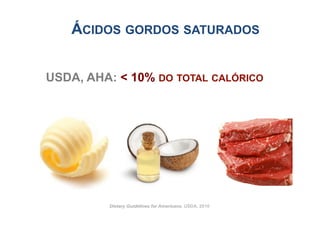 ÁCIDOS GORDOS SATURADOS


USDA, AHA: < 10% DO TOTAL CALÓRICO




         Dietary Guidelines for Americans, USDA, 2010
 