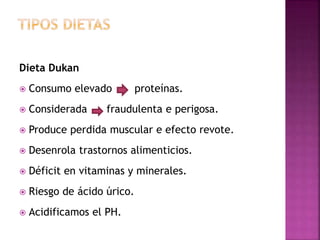 Dieta Dukan
 Consumo elevado proteínas.
 Considerada fraudulenta e perigosa.
 Produce perdida muscular e efecto revote.
 Desenrola trastornos alimenticios.
 Déficit en vitaminas y minerales.
 Riesgo de ácido úrico.
 Acidificamos el PH.
 