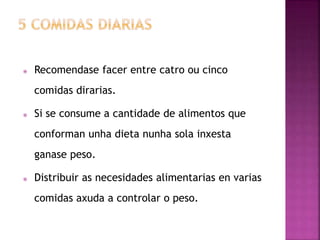  Recomendase facer entre catro ou cinco
comidas dirarias.
 Si se consume a cantidade de alimentos que
conforman unha dieta nunha sola inxesta
ganase peso.
 Distribuir as necesidades alimentarias en varias
comidas axuda a controlar o peso.
 