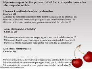 Algunos ejemplos del tiempo de actividad fisica para poder quemar las
calorias que ha subido:
Alimento: 1 porción de chocolate con almendras
Calorias: 600
Minutos de caminata necesarios para gastar esa cantidad de calorías: 150
Minutos de bicicleta necesarios para gastar esa cantidad de calorías : 45
Minutos de trote necesarios para gastar esa cantidad de calorías: 60

Alimento:1 pancho o "hot dog"
Calorias: 250
Minutos de caminata necesarios para gastar esa cantidad de calorias:62
Minutos de bicicleta necesarios para gastar esa cantidad de calorias:30
Minutos de trote necesarios para gastar esa cantidad de calorias:25
Alimento: 1 Hamburguesa
Calorias: 580

Minutos de caminata necesarios para gastar esa cantidad de calorias:145
Minutos de bicicleta necesarios para gastar esa cantidad de calorias:71
Minutos de trote necesarios para gastar esa cantidad de calorias: 58

 