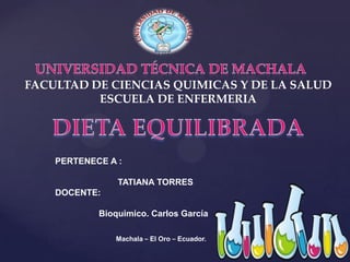 FACULTAD DE CIENCIAS QUIMICAS Y DE LA SALUD
ESCUELA DE ENFERMERIA

PERTENECE A :
TATIANA TORRES
DOCENTE:
Bioquimico. Carlos García
Machala – El Oro – Ecuador.

 