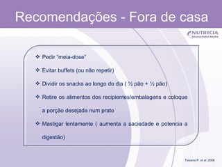 Recomendações - Fora de casa  Pedir “meia-dose” Evitar buffets (ou não repetir) Dividir os snacks ao longo do dia ( ½ pão + ½ pão) Retire os alimentos dos recipientes/embalagens e coloque a porção desejada num prato Mastigar lentamente ( aumenta a saciedade e potencia a digestão)  Teixeira P.  et al . 2008 