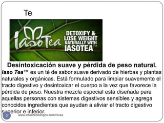 Te




  Desintoxicación suave y pérdida de peso natural.
Iaso Tea™ es un té de sabor suave derivado de hierbas y plantas
naturales y orgánicas. Está formulado para limpiar suavemente el
tracto digestivo y desintoxicar el cuerpo a la vez que favorece la
pérdida de peso. Nuestra mezcla especial está diseñada para
aquellas personas con sistemas digestivos sensibles y agrega
conocidos ingredientes que ayudan a aliviar el tracto digestivo
superior e inferior.
       www.totallifechanges.com/nivea
 3
 