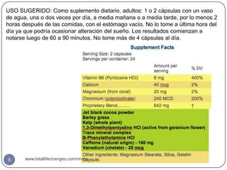 USO SUGERIDO: Como suplemento dietario, adultos: 1 o 2 cápsulas con un vaso
de agua, una o dos veces por día, a media mañana o a media tarde, por lo menos 2
horas después de las comidas, con el estómago vacío. No lo tome a última hora del
día ya que podría ocasionar alteración del sueño. Los resultados comienzan a
notarse luego de 60 a 90 minutos. No tome más de 4 cápsulas al día.




9      www.totallifechanges.com/nivea
 