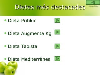 Dietes més destacades Dieta Pritikin Dieta Augmenta Kg Dieta Taoista Dieta Mediterrànea Tornar a l’índex 