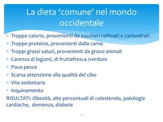  Troppe calorie, provenienti da zuccheri raffinati e carboidrati
 Troppe proteine, provenienti dalla carne
 Troppi grassi saturi, provenienti da grassi animali
 Carenza di legumi, di fruttafresca /verdure
 Poco pesce
 Scarsa attenzione alla qualità del cibo
 Vita sedentaria
 Inquinamento
RISULTATI: Obesità, alte percentuali di colesterolo, patologie
cardiache, demenza, diabete
17
La dieta ‘comune’ nel mondo
occidentale
 