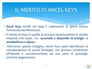  Ancel Keys fondò nel 1949 il Laboratorio di Igiene presso
l’Università del Minnesota.
 Il merito di Keys fu quello di provare empiricamente la stretta
relazione che esiste tra accumulo e dispendio di energia e
metabolismo a riposo .
 Attraverso questa indagine, Ancel Keys potè identificare la
concatenazione di eventi fisiologici che portano inzialmente
all’obesità e successivamente ad una serie di patologie
croniche degenerative
4
IL MERITO DI ANCEL KEYS
 