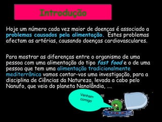 F.Pires
IntroduçãoIntrodução
Hoje um número cada vez maior de doenças é associado a
problemas causados pela alimentação.. Estes problemas
afectam as artérias, causando doenças cardiovasculares.
Para mostrar as diferenças entre o organismo de uma
pessoa com uma alimentação do tipo fast food e o de uma
pessoa que tem uma alimentação tradicionalmente
mediterrânica vamos contar-vos uma investigação, para a
disciplina de Ciências da Natureza, levada a cabo pelo
Nanufo, que veio do planeta Nanolândia, ….
Venham
comigo
 