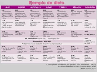 LUNES MARTES MIÉRCOLES JUEVES VIERNES SÁBADO DOMINGO
8.008.00
1 comprimido1 comprimido
multivitamínicomultivitamínico
70g pan integral70g pan integral
80g jamón dulce80g jamón dulce
1 zumo1 zumo
8.008.00
1 comprimido1 comprimido
multivitamínicomultivitamínico
70g pan integral70g pan integral
80g fiambre pavo80g fiambre pavo
1 zumo1 zumo
8.008.00
1 comprimido1 comprimido
multivitamínicomultivitamínico
70g pan integral70g pan integral
1 lata de atún1 lata de atún
1 zumo1 zumo
8.008.00
1 comprimido1 comprimido
multivitamínicomultivitamínico
70g pan integral70g pan integral
80g jamón dulce80g jamón dulce
1 zumo1 zumo
8.008.00
1 comprimido1 comprimido
multivitamínicomultivitamínico
70g pan integral70g pan integral
80g fiambre pavo80g fiambre pavo
1 zumo1 zumo
8.008.00
70g pan integral70g pan integral
1 lata de atún1 lata de atún
1 zumo1 zumo
8.008.00
70g pan integral70g pan integral
80g jamón80g jamón
dulcedulce
1 zumo1 zumo
11.0011.00
Yogur desnatadoYogur desnatado
naturalnatural
1 pieza de fruta1 pieza de fruta
20g almendras20g almendras
11.0011.00
100g queso 0%100g queso 0%
1 pieza de fruta1 pieza de fruta
20g avellanas20g avellanas
11.0011.00
5 claras cocidas5 claras cocidas
20g nueces20g nueces
70g pavo70g pavo
11.0011.00
Yogur desnatadoYogur desnatado
naturalnatural
1 pieza de fruta1 pieza de fruta
20g almendras20g almendras
11.0011.00
100g queso 0%100g queso 0%
1 pieza de fruta1 pieza de fruta
20g avellanas20g avellanas
11.0011.00
5 claras cocidas5 claras cocidas
20g nueces20g nueces
70g pavo70g pavo
11.0011.00
YogurYogur
desnatadodesnatado
naturalnatural
1 pieza de fruta1 pieza de fruta
14.0014.00
EnsaladaEnsalada
55g arroz integral55g arroz integral
100g pollo100g pollo
14.0014.00
70g legumbres70g legumbres
100g pavo100g pavo
14.0014.00
60g pasta60g pasta
integralintegral
100g ternera100g ternera
14.0014.00
EnsaladaEnsalada
55g arroz integral55g arroz integral
100g pollo100g pollo
14.0014.00
70g legumbres70g legumbres
100g pavo100g pavo
14.0014.00
EnsaladaEnsalada
55g arroz integral55g arroz integral
100g pollo100g pollo
14.0014.00
LO QUE QUIERASLO QUE QUIERAS
Pre- entrenamiento:Pre- entrenamiento: 1 café solo y 1 plátano pequeño1 café solo y 1 plátano pequeño 17.0017.00
1 cazo de1 cazo de
batido y 1 piezabatido y 1 pieza
de frutade fruta
Entrenamiento (16.30-18.00)Entrenamiento (16.30-18.00)
Post-entreno:Post-entreno: 1 cazo de batido de proteína y 1 pieza de fruta1 cazo de batido de proteína y 1 pieza de fruta
20.0020.00
2 tortitas de espelta2 tortitas de espelta
1 lata de pollo1 lata de pollo
naturalnatural
20.0020.00
2 tortitas de2 tortitas de
espeltaespelta
1 lata de atun1 lata de atun
naturalnatural
20.0020.00
2 tortitas de2 tortitas de
espeltaespelta
70g jamón dulce70g jamón dulce
20.0020.00
2 tortitas de2 tortitas de
espeltaespelta
1 lata de pollo1 lata de pollo
naturalnatural
20.0020.00
2 tortitas de2 tortitas de
espeltaespelta
1 lata de atun1 lata de atun
naturalnatural
20.0020.00
2 tortitas de2 tortitas de
espeltaespelta
70g jamón dulce70g jamón dulce
20.0020.00
2 tortitas de2 tortitas de
espeltaespelta
1 lata de pollo1 lata de pollo
naturalnatural
22.0022.00
Tortilla de1 huevo yTortilla de1 huevo y
100ml de clara con100ml de clara con
champiñoneschampiñones
22.0022.00
EnsaladaEnsalada
100g pesado100g pesado
blancoblanco
22.0022.00
BrocoliBrocoli
80g pescado80g pescado
azulazul
22.0022.00
Verdura salteadaVerdura salteada
100g pesado100g pesado
blancoblanco
22.0022.00
EnsaladaEnsalada
Tortilla de un 1Tortilla de un 1
huevo y 100ml dehuevo y 100ml de
claraclara
22.0022.00
BrocoliBrocoli
100g pesado100g pesado
blancoblanco
22.0022.00
VerdurasVerduras
salteadassalteadas
80g pescado80g pescado
azulazul
*Como postre optaremos por gelatina baja en calorías (10kcal)*Como postre optaremos por gelatina baja en calorías (10kcal)
*Podrán tomarse infusiones unas dos veces al día*Podrán tomarse infusiones unas dos veces al día
*Beber mucha agua*Beber mucha agua
 