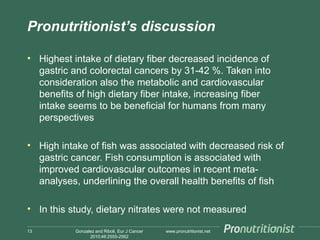 Pronutritionist’s discussion
• Highest intake of dietary fiber decreased incidence of
gastric and colorectal cancers by 31-42 %. Taken into
consideration also the metabolic and cardiovascular
benefits of high dietary fiber intake, increasing fiber
intake seems to be beneficial for humans from many
perspectives
• High intake of fish was associated with decreased risk of
gastric cancer. Fish consumption is associated with
improved cardiovascular outcomes in recent metaanalyses, underlining the overall health benefits of fish
• In this study, dietary nitrates were not measured
13

Gonzalez and Riboli, Eur J Cancer
2010;46:2555-2562

www.pronutritionist.net

 