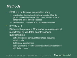 Methods
• EPIC is a multicentre prospective study
– investigating the relationships between diet, lifestyle,
genetic and environmental factors and the incidence of
cancer and other chronic diseases
– carried out in 23 centres in 10 European countries

• n = 519 978
• Diet over the previous 12 months was assessed at
recruitment by validated country specific
questionnaires
– self-administered semiquantitative food-frequency
questionnaire
– diet history questionnaire
– semi-quantitative food-frequency questionnaire combined
with dietary record

Page 3

Gonzalez and Riboli, Eur J Cancer 2010;46:2555-2562

www.pronutritionist.net

 