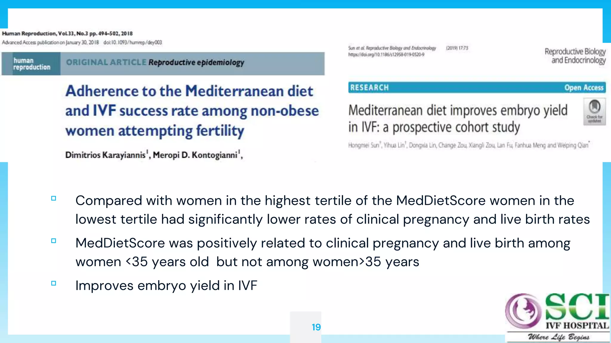 19
▫ Compared with women in the highest tertile of the MedDietScore women in the
lowest tertile had significantly lower rates of clinical pregnancy and live birth rates
▫ MedDietScore was positively related to clinical pregnancy and live birth among
women <35 years old but not among women>35 years
▫ Improves embryo yield in IVF
 