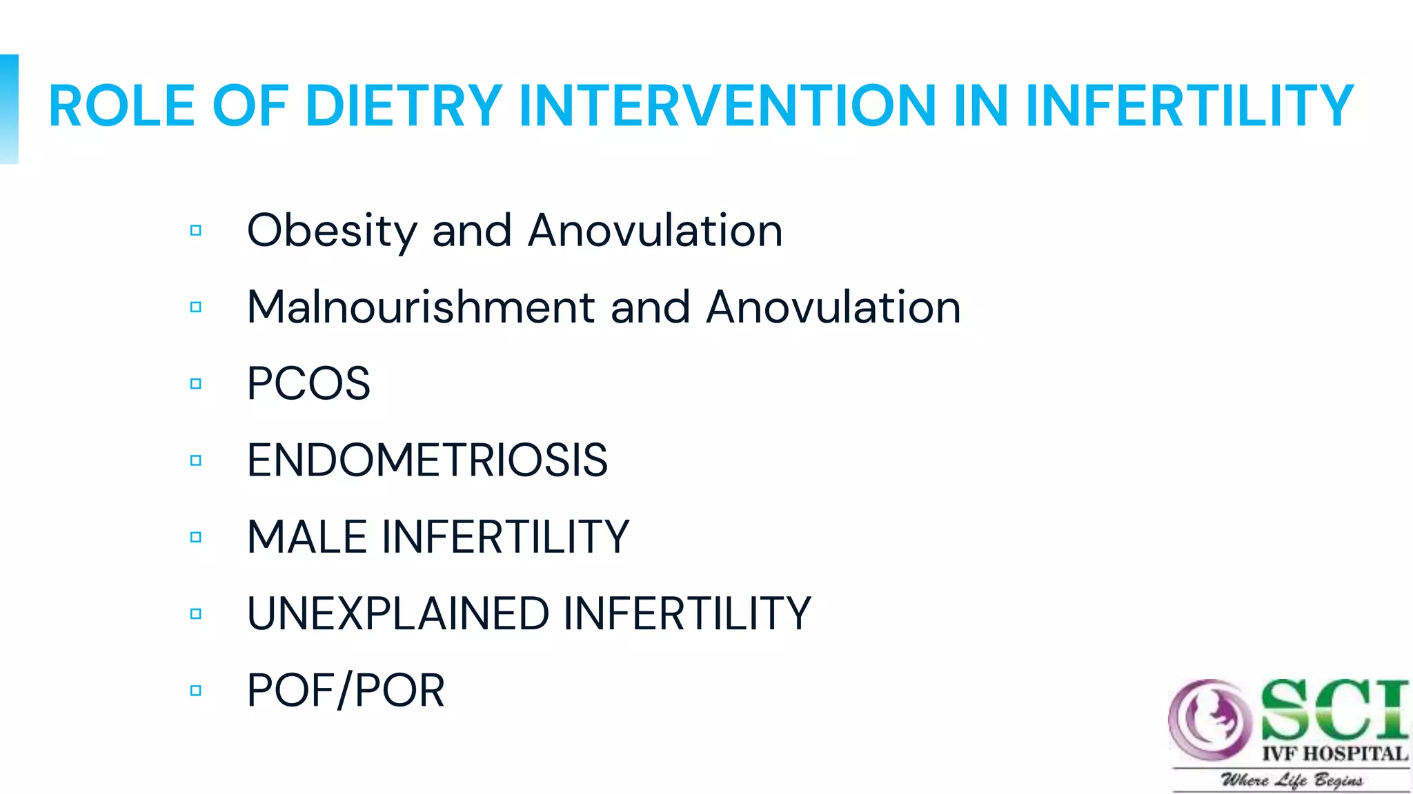 ROLE OF DIETRY INTERVENTION IN INFERTILITY
▫ Obesity and Anovulation
▫ Malnourishment and Anovulation
▫ PCOS
▫ ENDOMETRIOSIS
▫ MALE INFERTILITY
▫ UNEXPLAINED INFERTILITY
▫ POF/POR
5
 