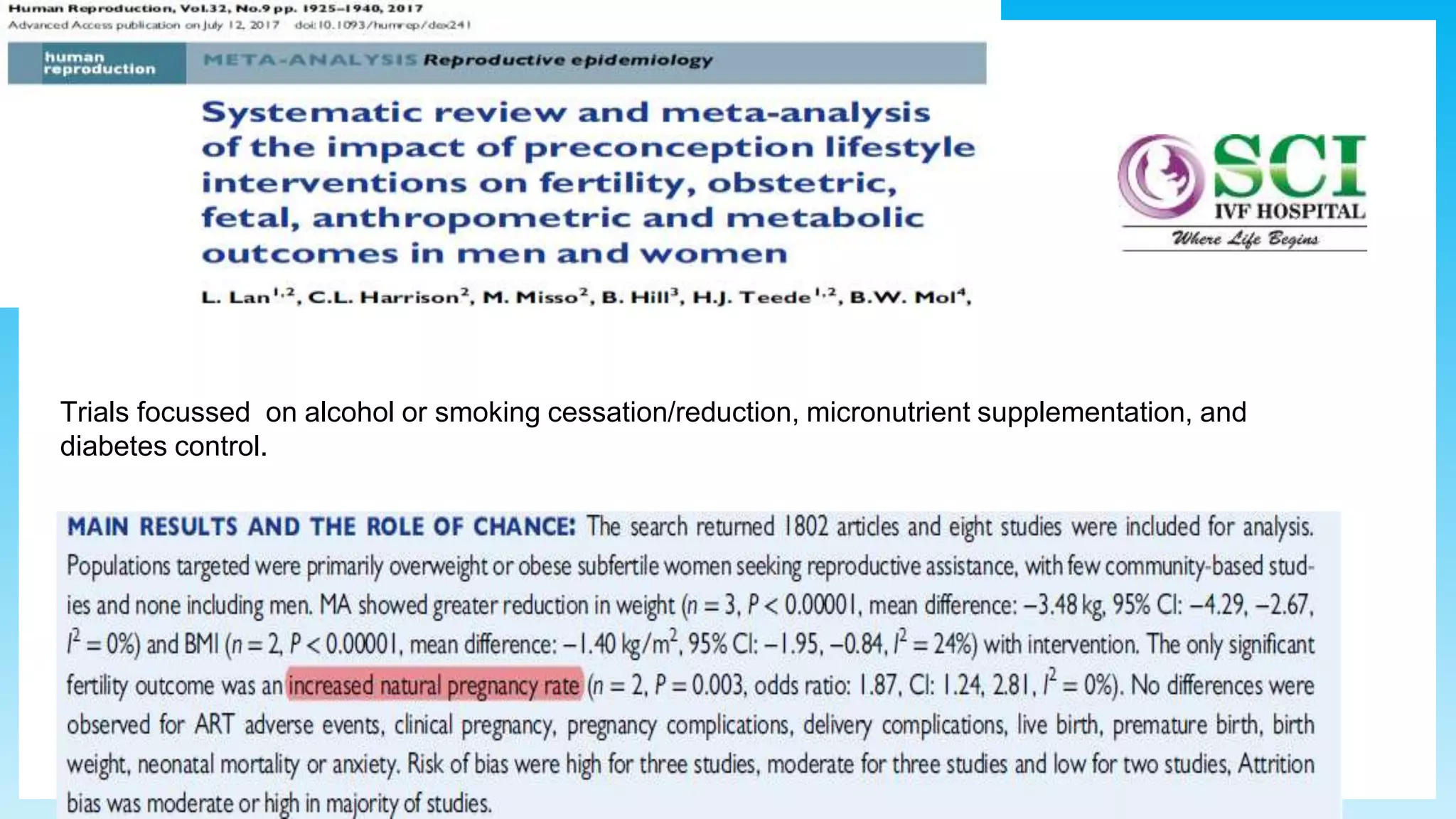 7
Trials focussed on alcohol or smoking cessation/reduction, micronutrient supplementation, and
diabetes control.
 