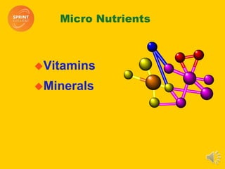 Micro Nutrients
Vitamins
Minerals
 