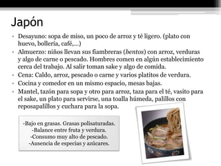 Japón
• Desayuno: sopa de miso, un poco de arroz y té ligero. (plato con
  huevo, bollería, café,…)
• Almuerzo: niños llevan sus fiambreras (bentos) con arroz, verduras
  y algo de carne o pescado. Hombres comen en algún establecimiento
  cerca del trabajo. Al salir toman sake y algo de comida.
• Cena: Caldo, arroz, pescado o carne y varios platitos de verdura.
• Cocina y comedor en un mismo espacio, mesas bajas.
• Mantel, tazón para sopa y otro para arroz, taza para el té, vasito para
  el sake, un plato para servirse, una toalla húmeda, palillos con
  reposapalillos y cuchara para la sopa.

    -Bajo en grasas. Grasas polisaturadas.
        -Balance entre fruta y verdura.
       -Consumo muy alto de pescado.
      -Ausencia de especias y azúcares.
 
