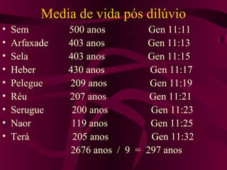 Media de vida pós dilúvio
•   Sem        500 anos           Gen 11:11
•   Arfaxade   403 anos          Gen 11:13
•   Sela       403 anos          Gen 11:15
•   Heber      430 anos           Gen 11:17
•   Pelegue    209 anos           Gen 11:19
•   Réu        207 anos           Gen 11:21
•   Serugue     200 anos          Gen 11:23
•   Naor        119 anos          Gen 11:25
•   Terá        205 anos          Gen 11:32
               2676 anos / 9 =   297 anos
 