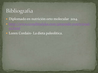  Diplomado en nutrición orto molecular 2014.
 http://www.crossfittuluka.com/piramide-nutricional-
es.html
 Loren Cordain- La dieta paleolítica.
 