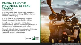 OMEGA 3 AND THE
PREVENTION OF HEAD
TRAUMA
In rodent models there is large body of evidence
that supplementation of Omega-3 DHA enhances
resilience to brain injury
In 2016, Oliver et al. supplemented American
football athletes with 2, 4 or 6 g/day of DHA.
It was found that irrespective of DHA dose,
supplementation reduced axonal damage which is a
characteristic of mild traumatic brain injury.
Although data is limited, it is possible that DHA may
protect against the negative effects of sub-
concussive and concussive injuries
SSE #190
Oliver J & Anzalone A. Sports Science Exchange. 2018;29(190):1-4
Oliver JM, Jones MT, Kirk KM, et. al. Med Sci Sport Exerc. 2016;48:974–82
 