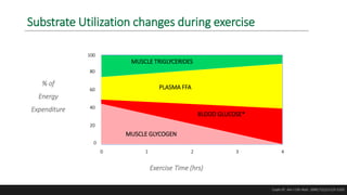 Substrate Utilization changes during exercise
% of
Energy
Expenditure
Exercise Time (hrs)
Coyle EF. Am J Clin Nutr. 2000;72(2):512S-520S
0
20
40
60
80
100
0 1 2 3 4
MUSCLE TRIGLYCERIDES
PLASMA FFA
BLOOD GLUCOSE*
MUSCLE GLYCOGEN
 