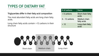 TYPES OF DIETARY FAT
Triglycerides differ in their fatty acid composition
The most abundant fatty acids are long chain fatty
acids.
Long chain fatty acids contain >12 carbons in their
structure
# of carbons Name
< 6 carbons Short chain fatty
acids
6 – 12 carbons Medium chain
fatty acids
> 12 Long chain fatty
acids
1
2
3 5 7 9
4 6 8 10
11
12
13
14
15
16
17
18
Short-chain Medium-chain Long-chain
 