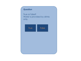 Question

True or false?
Water is provided by drinks
only.



     True        False
 