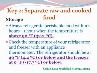 Key 2: Separate raw and cooked
foodStorage
 Always refrigerate perishable food within 2
hours—1 hour when the temperature is
above 90 °F (32.2 ºC).
 Check the temperature of your refrigerator
and freezer with an appliance
thermometer. The refrigerator should be at
40 °F (4.4 ºC) or below and the freezer
at 0 °F (-17.7 ºC) or below.
USDA Last Modified Mar 24, 2015
 