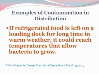 Examples of Contamination in
Distribution
If refrigerated food is left on a
loading dock for long time in
warm weather, it could reach
temperatures that allow
bacteria to grow.
CDC – Center for Disease Control and Prevention – March 24, 2015
 
