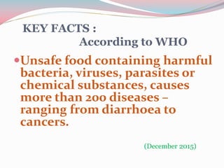 KEY FACTS :
According to WHO
Unsafe food containing harmful
bacteria, viruses, parasites or
chemical substances, causes
more than 200 diseases –
ranging from diarrhoea to
cancers.
(December 2015)
 