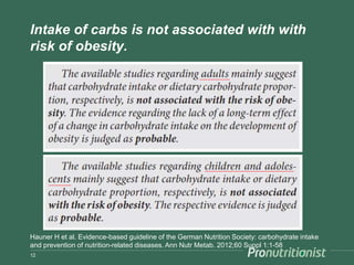 Intake of carbs is not associated with with
risk of obesity.
12
Hauner H et al. Evidence-based guideline of the German Nut...