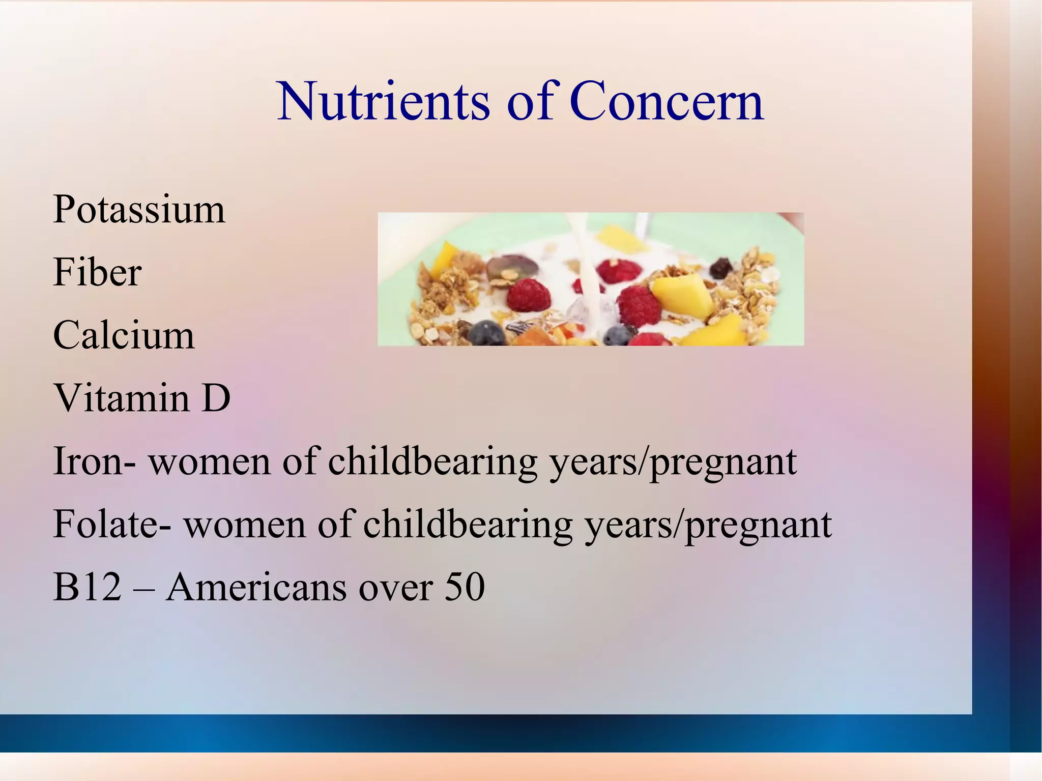 Nutrients of Concern Potassium Fiber Calcium Vitamin D Iron- women of childbearing years/pregnant Folate- women of childbearing years/pregnant B12 – Americans over 50  
