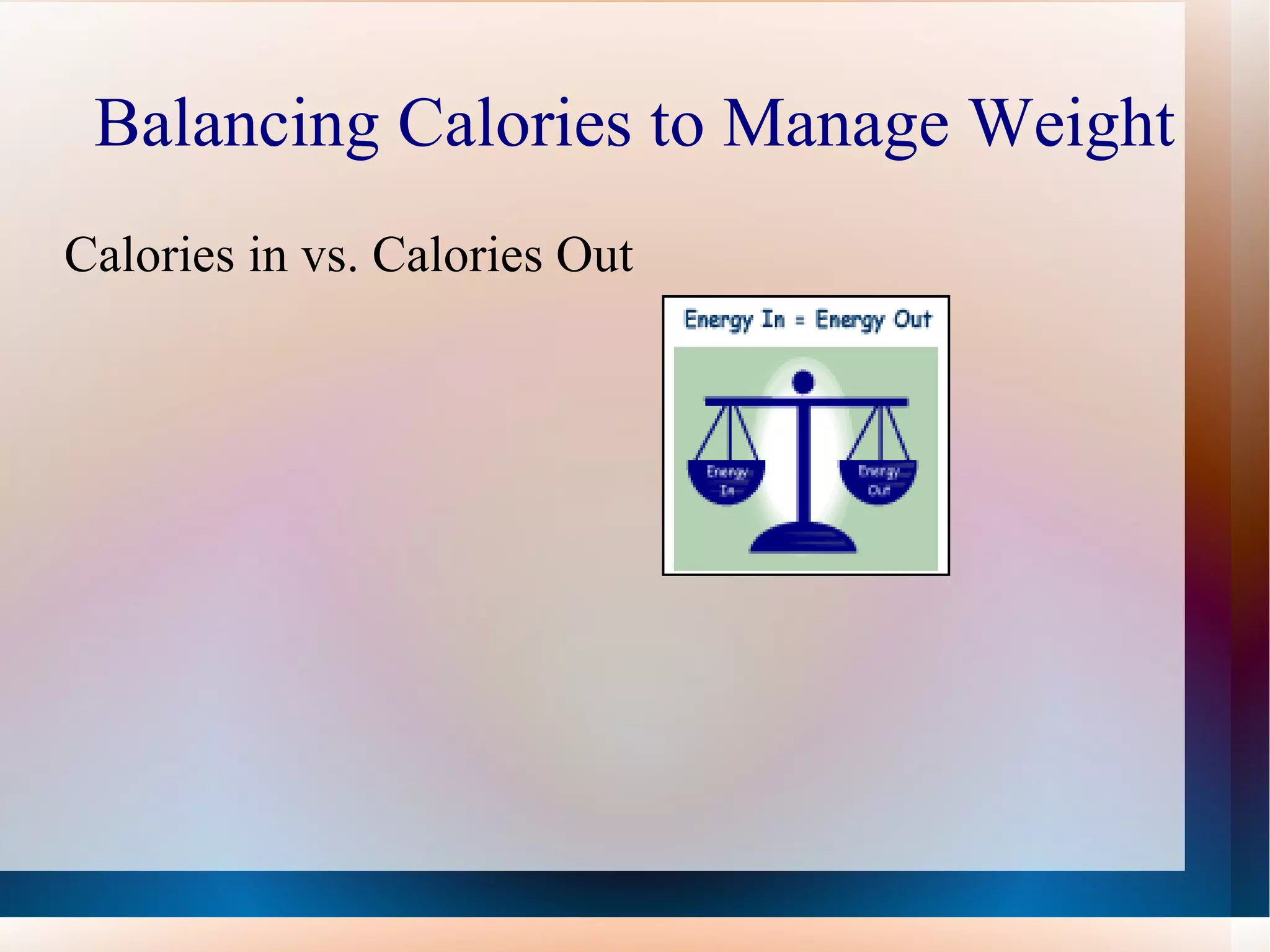 Balancing Calories to Manage Weight Calories in vs. Calories Out 