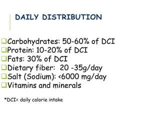 DAILY DISTRIBUTION
Carbohydrates: 50-60% of DCI
Protein: 10-20% of DCI
Fats: 30% of DCI
Dietary fiber: 20 -35g/day
Salt (Sodium): <6000 mg/day
Vitamins and minerals
*DCI= daily calorie intake
 