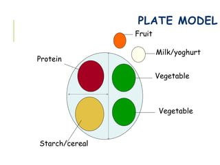 PLATE MODEL
Vegetable
Milk/yoghurt
Fruit
Vegetable
Protein
Starch/cereal
 