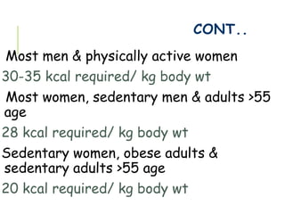 CONT..
Most men & physically active women
30-35 kcal required/ kg body wt
Most women, sedentary men & adults >55
age
28 kcal required/ kg body wt
Sedentary women, obese adults &
sedentary adults >55 age
20 kcal required/ kg body wt
 