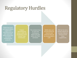 Regulatory Hurdles
Federal law does
not require dietary
supplement
manufacturers to
seek approvals
before production
nor before
marketing the
products.
Product
advertising too
comes under the
jurisdiction of the
Federal Trade
Commission.
The products have
to reach the
marketplace
before they fall
within the FDA’s
perimeter.
DSHEA does not
set limit levels for
vitamins and
minerals that can
be incorporated in
a pill.
FDA too has but a
limited capacity to
monitor adverse
reactions from
these
supplements.
 
