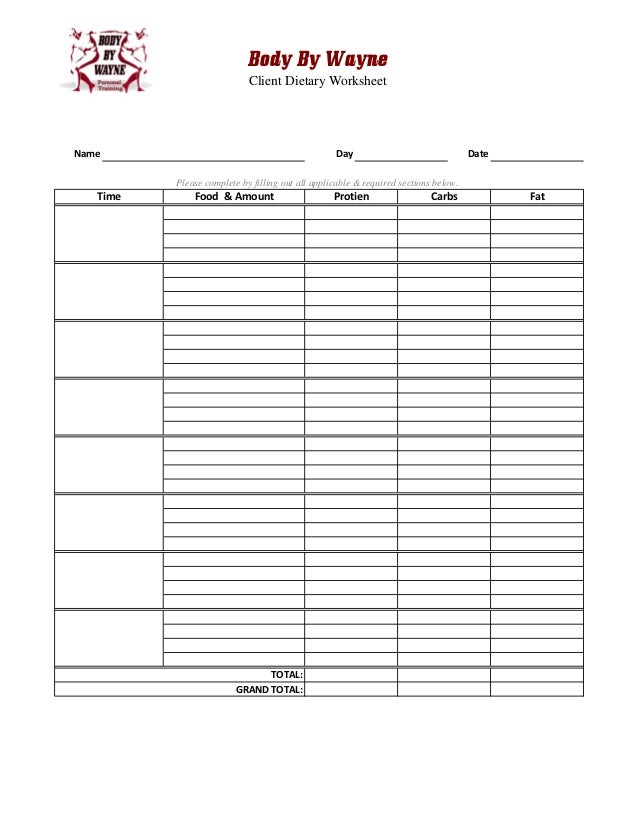 Body By Wayne Fitness Plan Dietary Worksheet