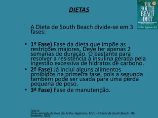 DIETAS
•
A Dieta de South Beach divide-se em 3
fases:
• 1ª Fase) Fase da dieta que impõe as
restrições maiores. Deve ter apenas 2
semanas de duração. O bastante para
resolver a resistência à insulina gerada pela
ingestão excessiva de hidratos de carbono.
• 2ª Fase) Já inclui alguns alimentos
proibidos na primeira fase, pois a segunda
também pode ser usada para uma perda
pequena de peso.
• 3ª Fase) Fase de manutenção.
FONTE:
Dieta extraída do livro de: Arthur Agatston, M.D. - A Dieta de South Beach - RJ;
Sextante, 2003.
 