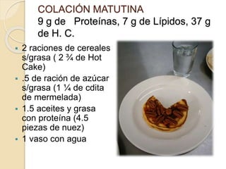 COLACIÓN MATUTINA
9 g de Proteínas, 7 g de Lípidos, 37 g
de H. C.
 2 raciones de cereales
s/grasa ( 2 ¾ de Hot
Cake)
 .5 de ración de azúcar
s/grasa (1 ¼ de cdita
de mermelada)
 1.5 aceites y grasa
con proteína (4.5
piezas de nuez)
 1 vaso con agua
 