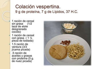 Colación vespertina.
9 g de proteína, 7 g de Lípidos, 37 H.C.
 1 ración de cereal
sin grasa (1/2
taza de elote
desgranado
cocido)
 1 ración de cereal
con grasa ( 1 ½
pieza de tostada)
 1.5 ración de
verdura (3/3
jícama picada)
 .5 ración de
aceites y grasas
con proteína (5 g.
de nuez picada)
 