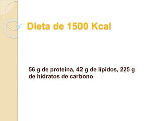 Dieta de 1500 Kcal
56 g de proteína, 42 g de lípidos, 225 g
de hidratos de carbono
 
