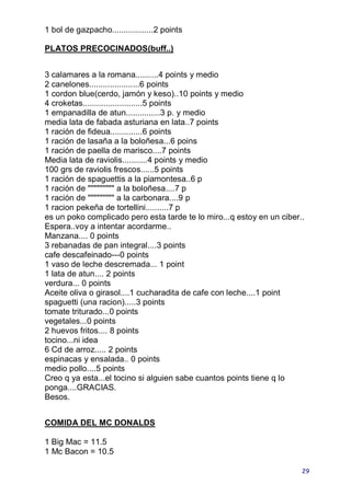 1 bol de gazpacho..................2 points

PLATOS PRECOCINADOS(buff..)


3 calamares a la romana..........4 points y medio
2 canelones......................6 points
1 cordon blue(cerdo, jamón y keso)..10 points y medio
4 croketas..........................5 points
1 empanadilla de atun...............3 p. y medio
media lata de fabada asturiana en lata..7 points
1 ración de fideua..............6 points
1 ración de lasaña a la boloñesa...6 poins
1 ración de paella de marisco....7 points
Media lata de raviolis...........4 points y medio
100 grs de raviolis frescos......5 points
1 ración de spaguettis a la piamontesa..6 p
1 ración de """"""""" a la boloñesa....7 p
1 ración de """"""""" a la carbonara....9 p
1 racion pekeña de tortellini..........7 p
es un poko complicado pero esta tarde te lo miro...q estoy en un ciber..
Espera..voy a intentar acordarme..
Manzana.... 0 points
3 rebanadas de pan integral....3 points
cafe descafeinado---0 points
1 vaso de leche descremada... 1 point
1 lata de atun.... 2 points
verdura... 0 points
Aceite oliva o girasol....1 cucharadita de cafe con leche....1 point
spaguetti (una racion).....3 points
tomate triturado...0 points
vegetales...0 points
2 huevos fritos.... 8 points
tocino...ni idea
6 Cd de arroz..... 2 points
espinacas y ensalada.. 0 points
medio pollo....5 points
Creo q ya esta...el tocino si alguien sabe cuantos points tiene q lo
ponga....GRACIAS.
Besos.


COMIDA DEL MC DONALDS

1 Big Mac = 11.5
1 Mc Bacon = 10.5

                                                                       29
 