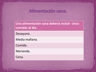 Una alimentación sana debería incluir cinco
comidas al día.
Desayuno.
Media mañana.
Comida.
Merienda.
Cena.
 