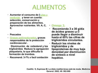 ALIMENTOS
• Aumentar el consumo de frutas y
verduras, y tener en cuenta:
selección, conservación y
preparación de los alimentos.
Aprovechar nutrientes. Vit. A, C,
E.
!
• Pescados
• Grasas poliinsaturados, grasas
responsables de la protección
cardiovascular . 
Disminución de :colesterol y los
triglicéridos Reduce la agregación
plaquetaria, lo que dificulta la
formación de trombos. 
• Recomend. 3-7% x facil oxidación
• Omega 3.
• Recomienda 3 a 30 g/día
de ácidos grasos ω-3
puede llegar a disminuir
hasta el 65% las cifras de
triglicéridos circulantes.
• Reducir los niveles de
triglicéridos y de
lipoproteínas de muy baja
densidad por disminución
de síntesis a nivel
hepático.
Castillo S, Espinoza M. La dieta mediterránea está de moda. Medicina
General. 2002; 49: 902-908
 